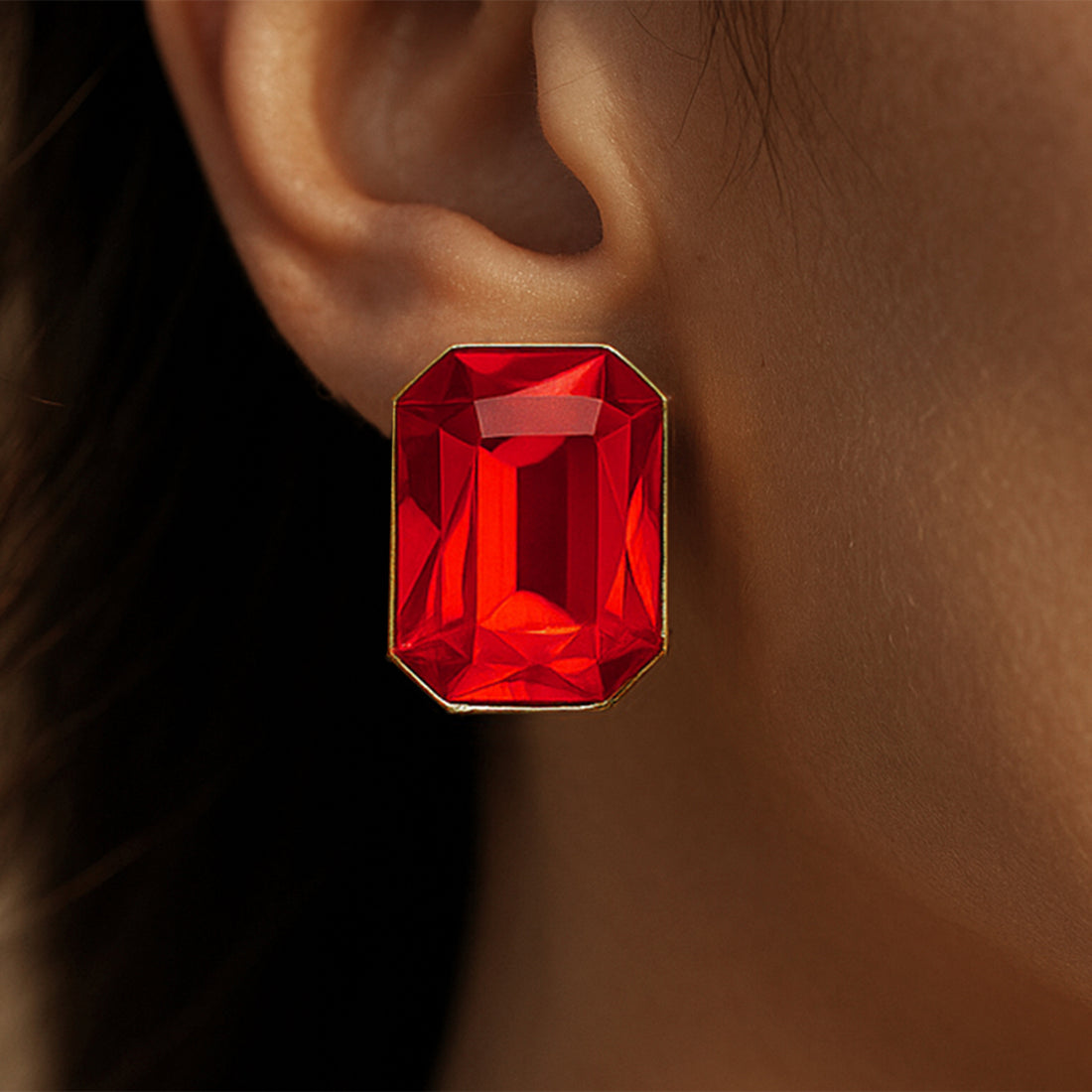 PRAO Anti-Tarnish Rectangle Shape Siam Red Crystal Earrings