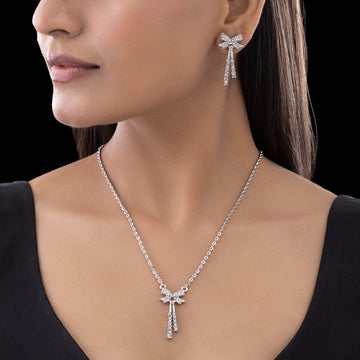PRAO Anti-Tarnish Silver AD-Studded Bow Necklace Set with Earrings