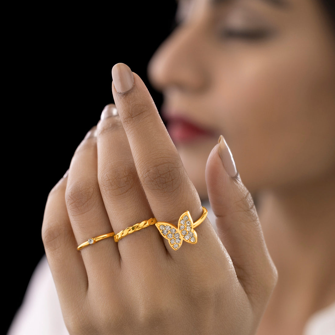 PRAO Anti-Tarnish Pack of 3 Golden Crystal Rings (Adjustable Size)