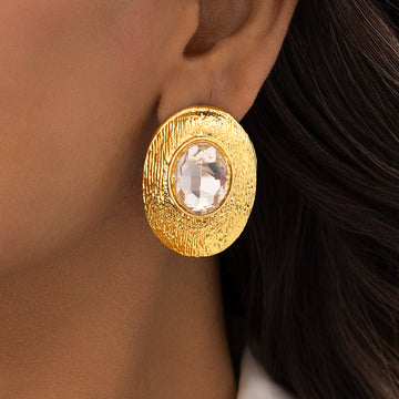 PRAO Anti-Tarnish Textured Oval Statement Earrings with Crystal