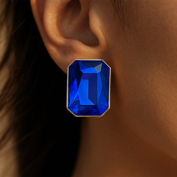 PRAO Anti-Tarnish Rectangle Shape Blue Sapphire Crystal Earrings