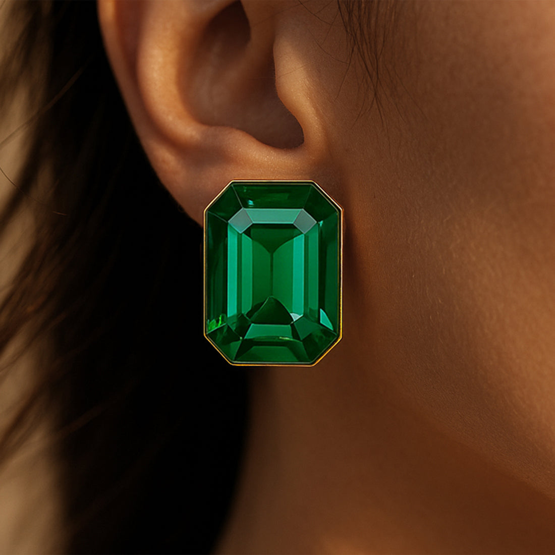 PRAO Anti-Tarnish Rectangle Shape Emerald Green Crystal Earrings