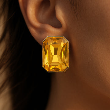 PRAO Anti-Tarnish Rectangle Shape Light Topaz Crystal Earrings
