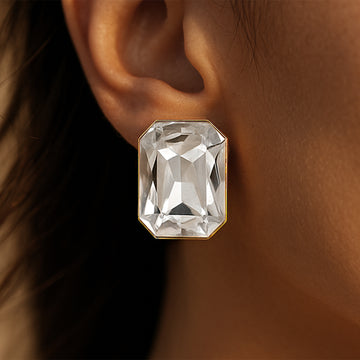 PRAO Anti-Tarnish Rectangle Shape Crystal Earrings