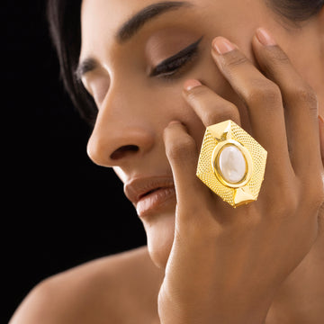 PRAO Anti-Tarnish Hexagon Rainbow Stone Ring