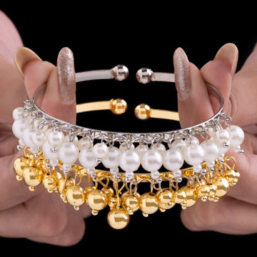 PRAO Anti-Tarnish Golden & Pearl Bangle Bracelets Set (Adjustable Size)