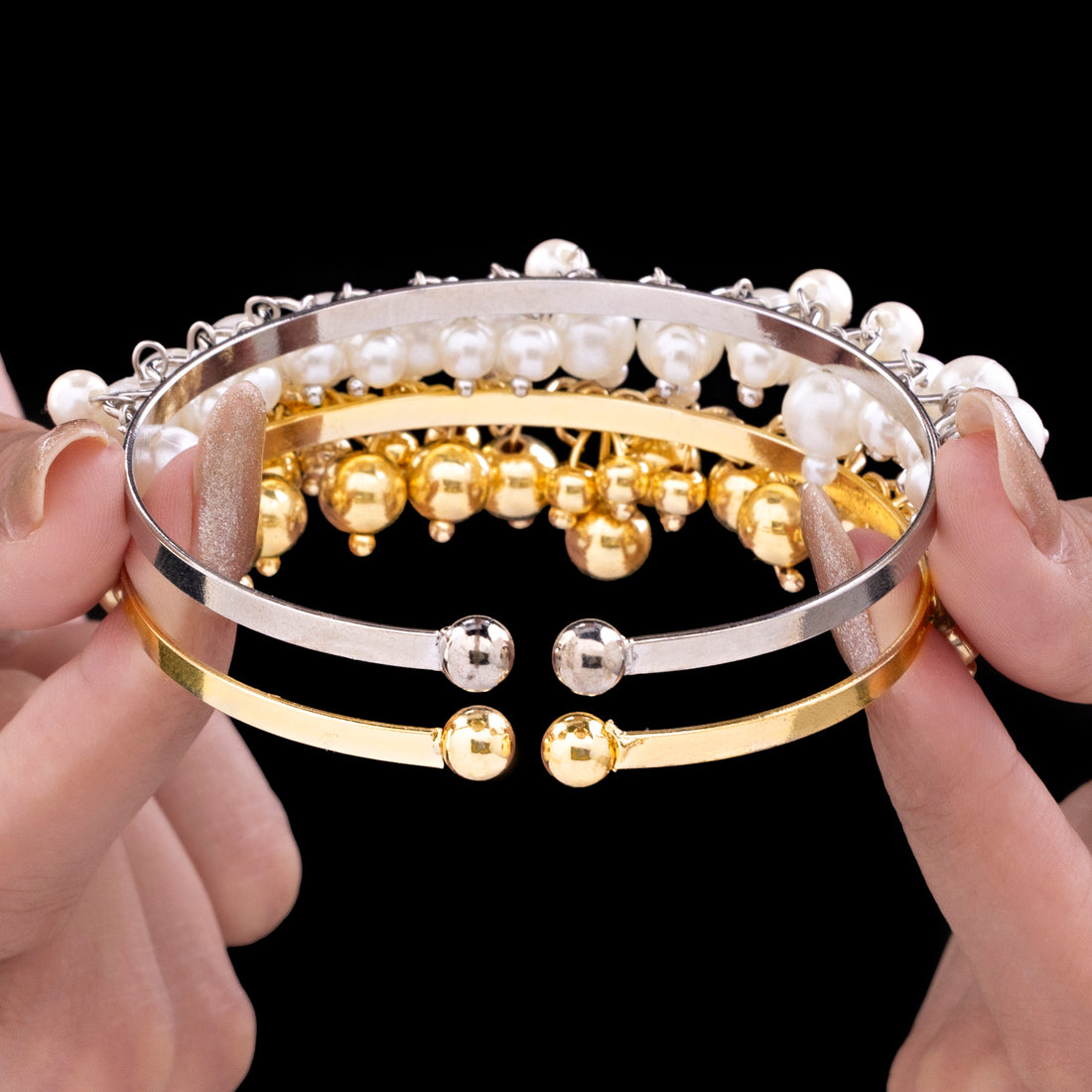 PRAO Anti-Tarnish Golden & Pearl Bangle Bracelets Set (Adjustable Size)