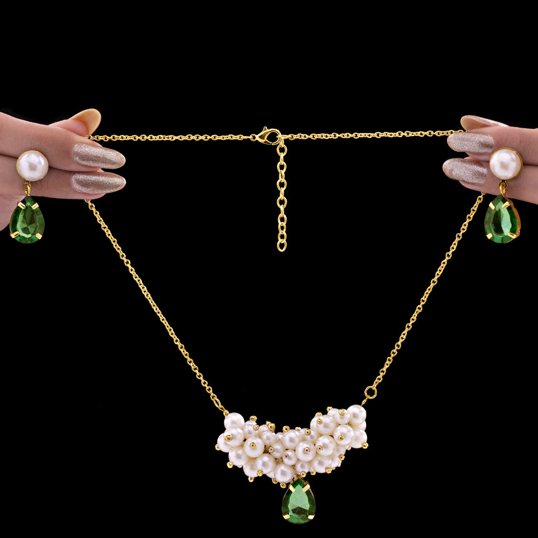 PRAO Anti-Tarnish Pearl & Crystal Necklace Set With Earrings