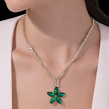 PRAO Anti-Tarnish Emerald Flower Pendant Necklace