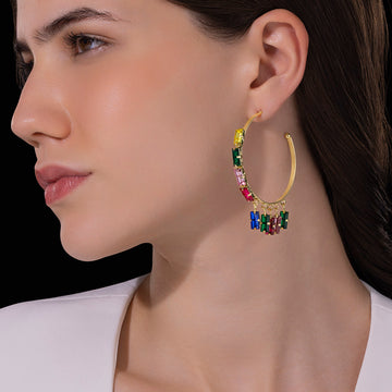 PRAO Anti-Tarnish Rectangle Crystal Charm Hoop Earrings