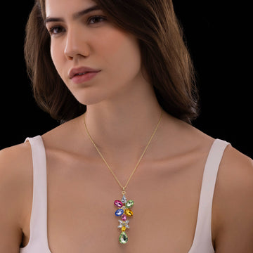 PRAO Anti-Tarnish Multi-Color Flower Design Long Pendant Necklace