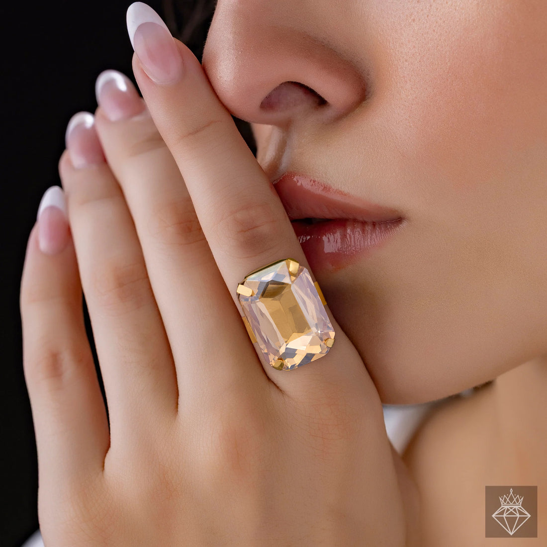 PRAO Anti-Tarnish Rectangle Shape Champagne Crystal Ring