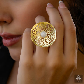PRAO Anti-Tarnish Golden Filigree Ring With Pearl (Adjustable Size)
