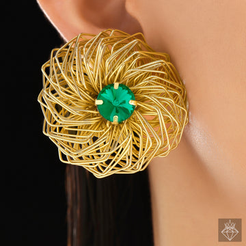 PRAO Anti-Tarnish Golden Nest Emerald Earrings