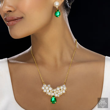PRAO Anti-Tarnish Pearl & Crystal Necklace Set With Earrings