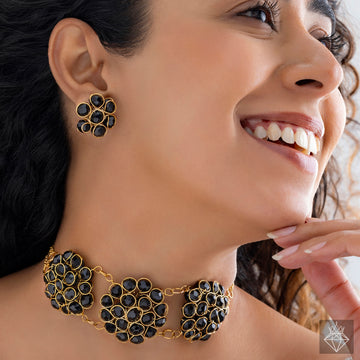 PRAO Stunning Black Crystal Beads Gold Choker Necklace Set With Earrings
