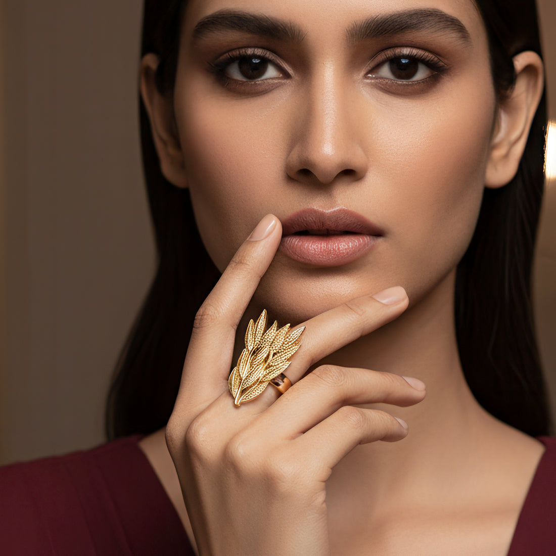 PRAO Anti-Tarnish Golden Leaves Cocktail Ring (Adjustable Size)