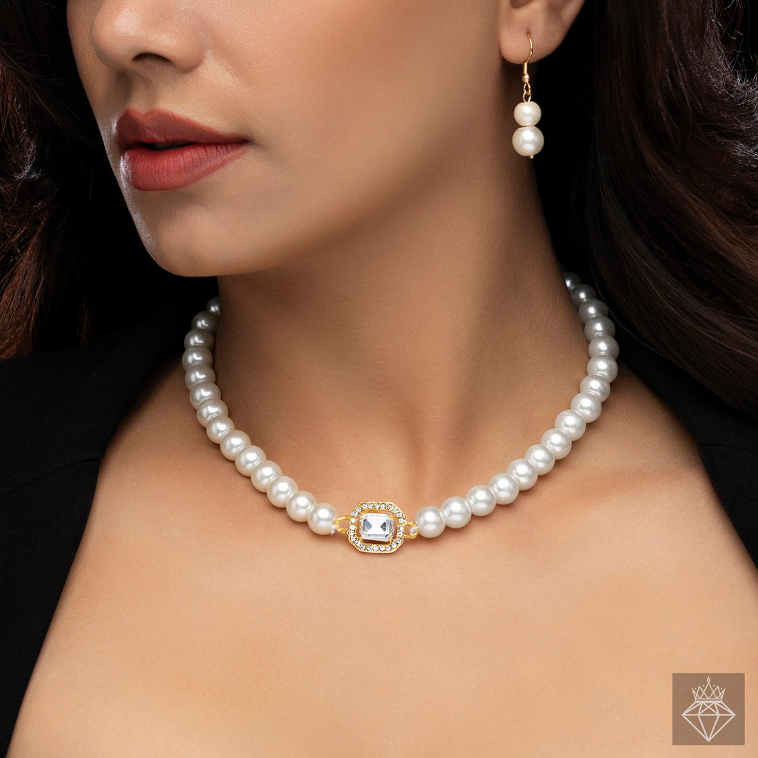 PRAO Anti-Tarnish Crystal Pearl Necklace Set With Earrings