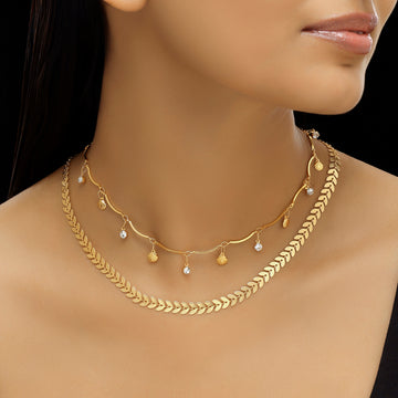 PRAO Anti-Tarnish Double Layer Chevron Chain with Shell Charms Necklace