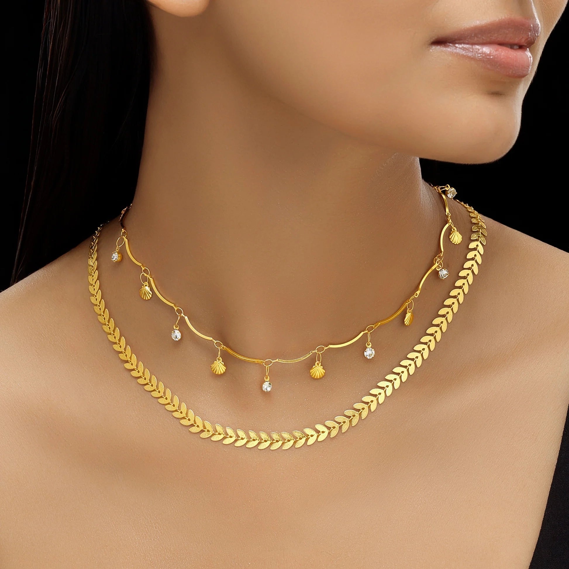 PRAO Anti-Tarnish Double Layer Chevron Chain with Shell Charms Necklace