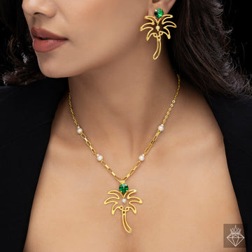PRAO Anti-Tarnish Palm Tree Necklace Set With Earrings