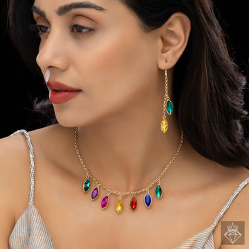 PRAO Anti-Tarnish Multicoloured Crystal Necklace Set With Earrings
