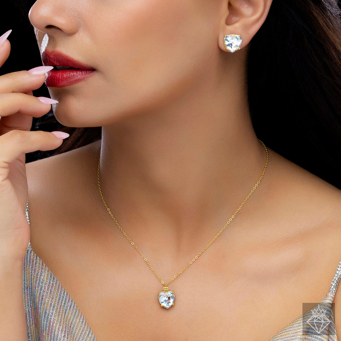 PRAO Anti-Tarnish Solitaire Necklace Set With Earrings