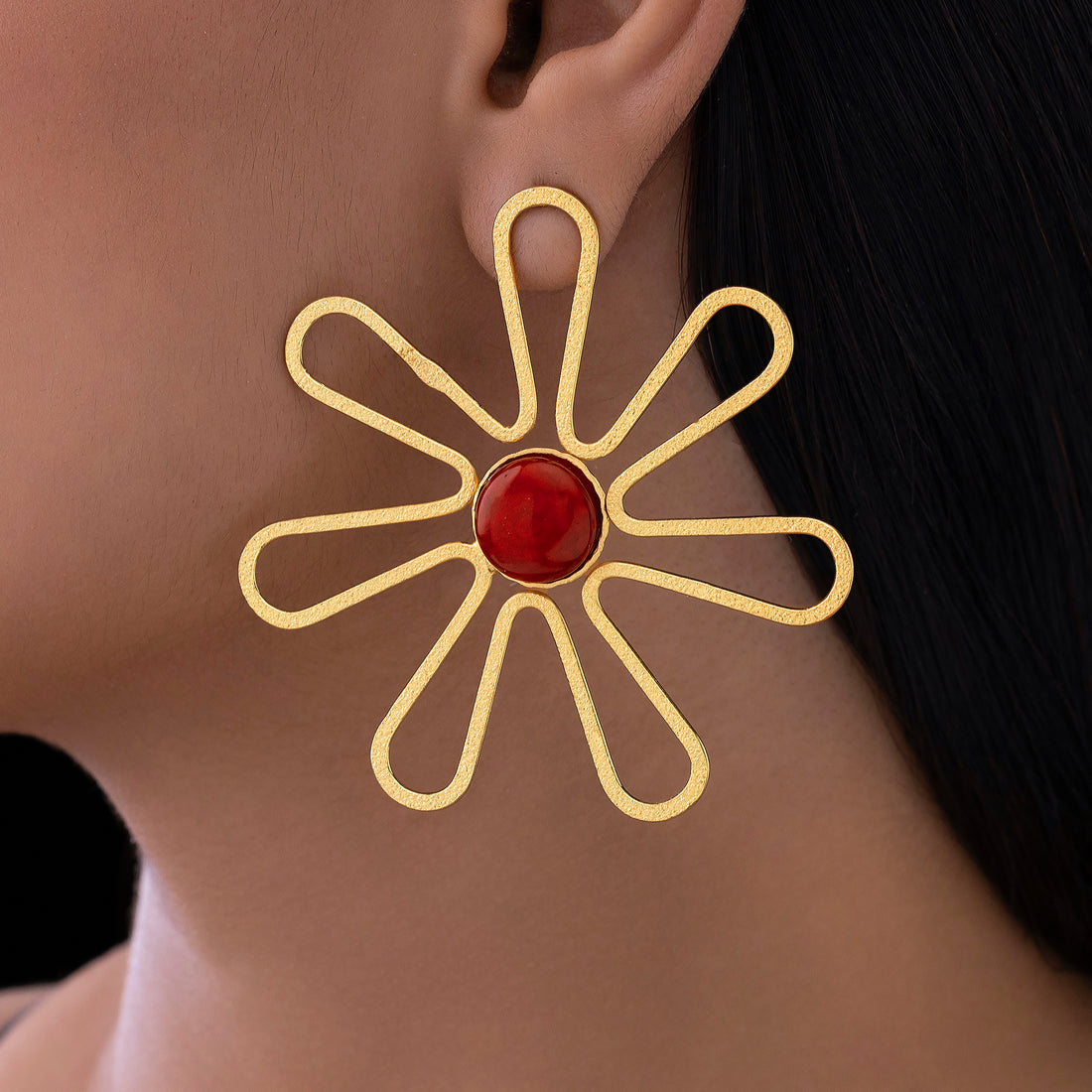 PRAO Anti-Tarnish Flower Statement Earrings with Red Cabochon