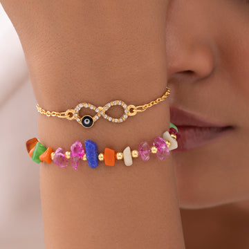 PRAO Anti-Tarnish Bracelet Set with Beads, Studded Infinity & Evil Eye (Adjustable Size)