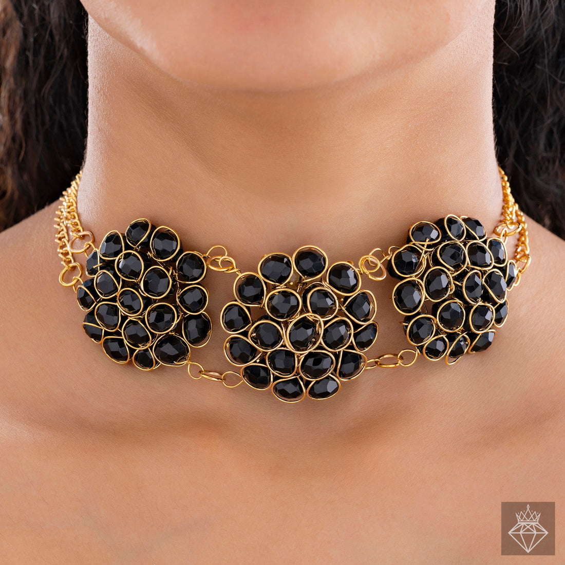 PRAO Stunning Black Crystal Beads Gold Choker Necklace Set With Earrings