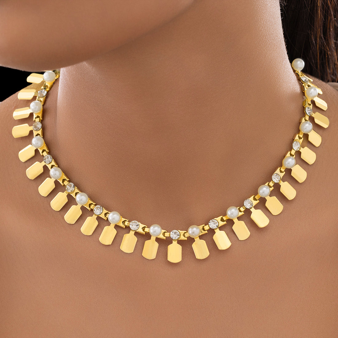PRAO Anti-Tarnish Gold Plated Tribal Necklace with Pearl & Crystal