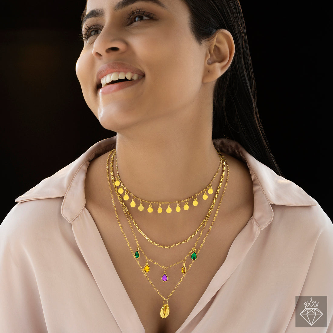 PRAO Anti-Tarnish Multilayered Crystal Charms Gold Plated Necklace