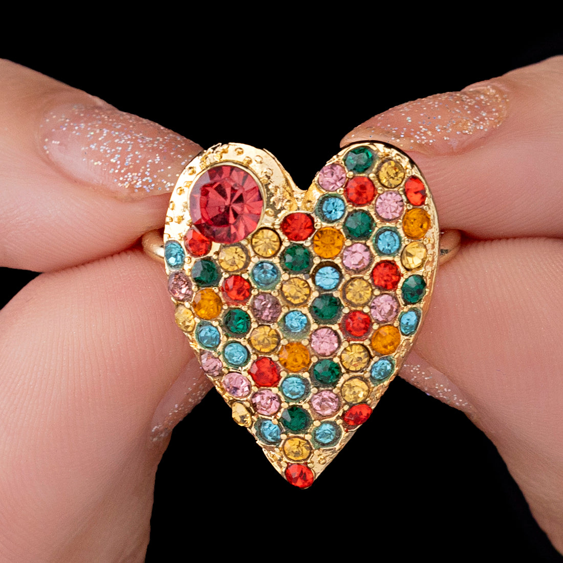 PRAO Anti-Tarnish Multi-Color Crystal Studded Heart-Shaped Ring (Adjustable Size)