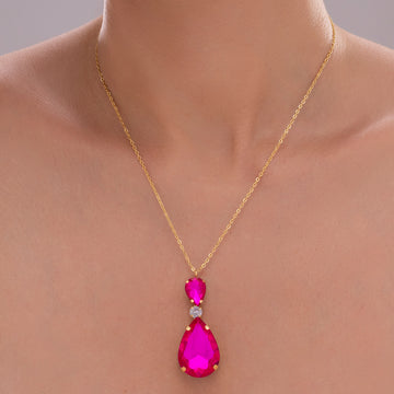 PRAO Anti-Tarnish Fuchsia Pink Drop Crystal Pendant Necklace