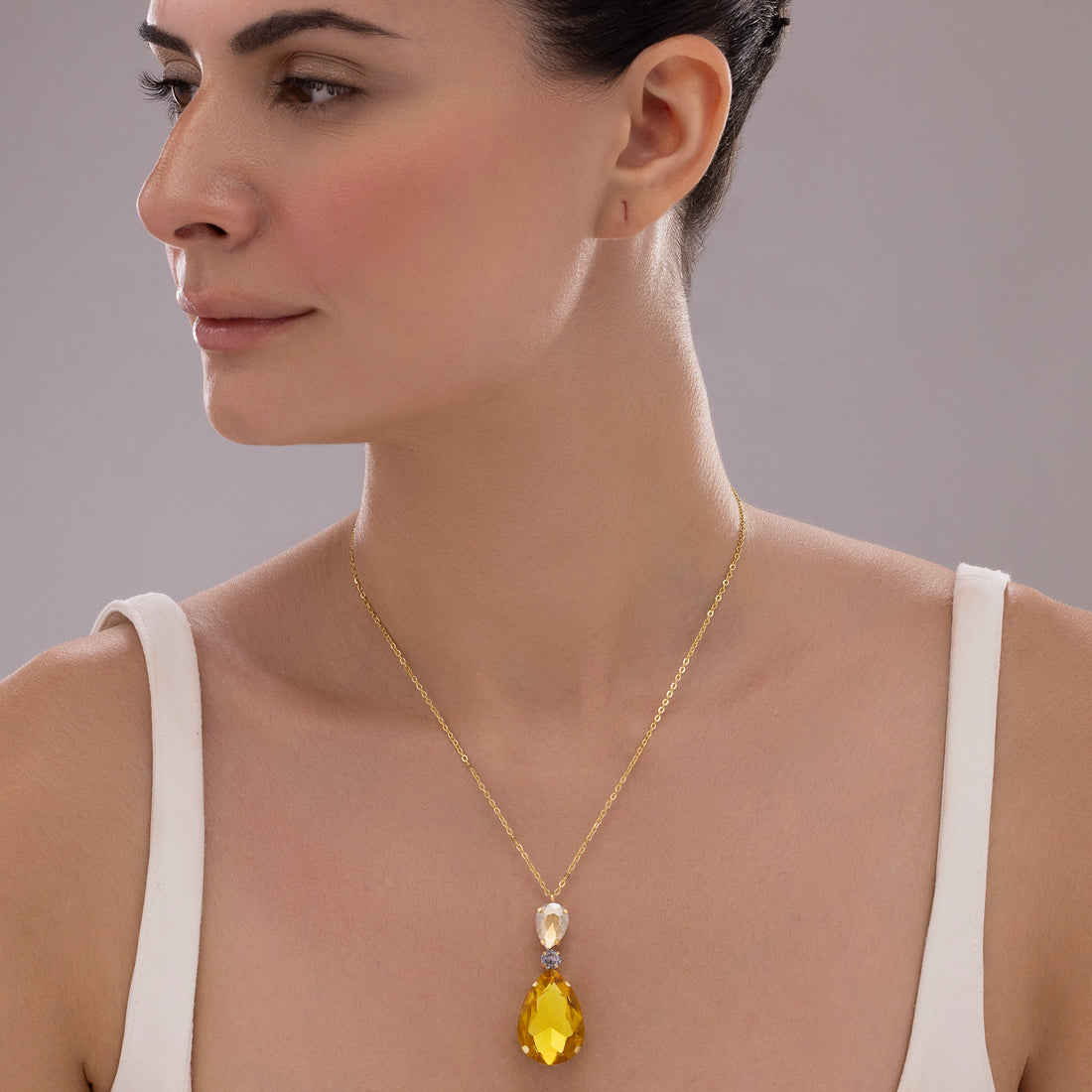 PRAO Anti-Tarnish Light Topaz Drop Crystal Pendant Necklace