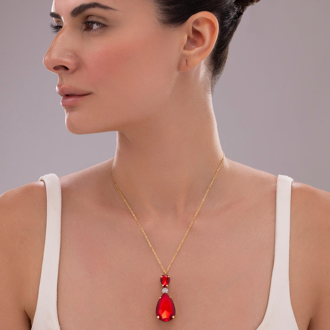 PRAO Anti-Tarnish Siam Red Drop Crystal Pendant Necklace
