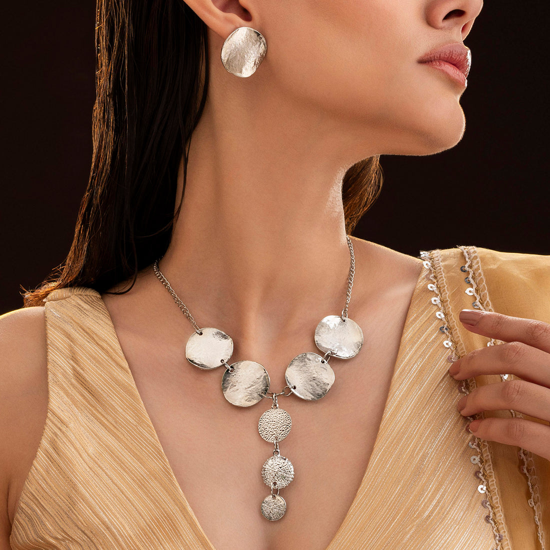 PRAO Anti-Tarnish Silver Coin Y Necklace Set With Earrings