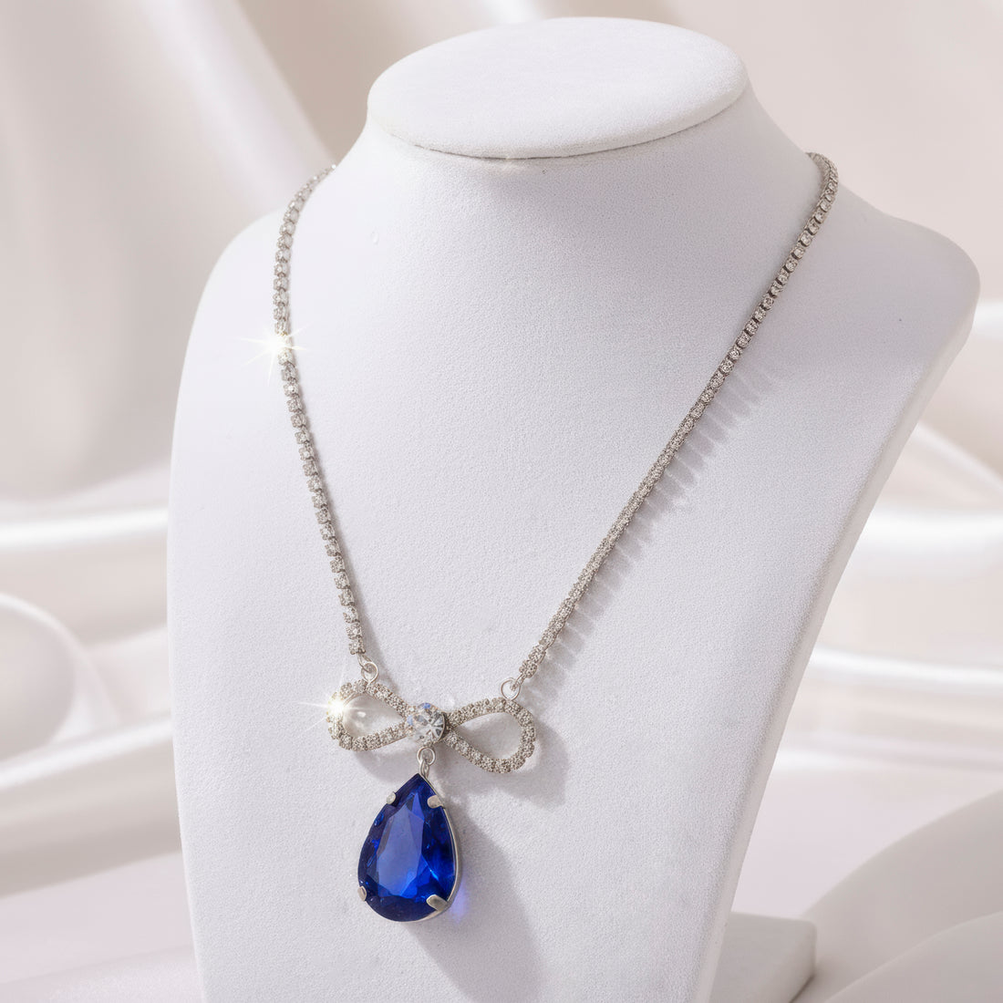 PRAO Anti-Tarnish Crystal Studded INFINITY Blue Sapphire Pendant Necklace