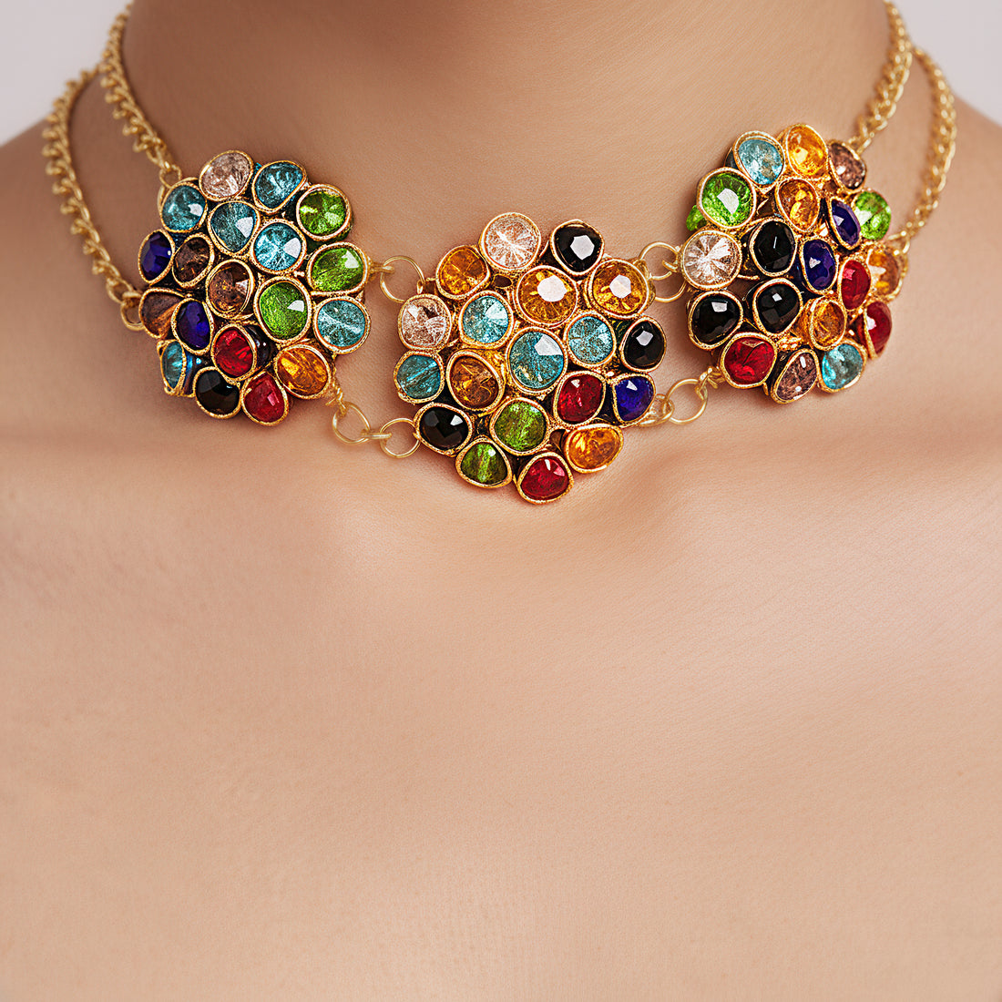 PRAO Anti-Tarnish Multi Crystal Beads Choker Necklace Set With Earrings