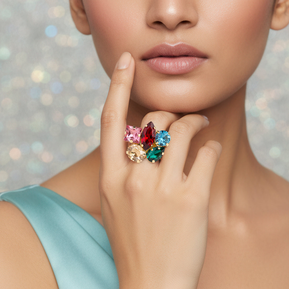 PRAO Anti-Tarnish 5 Multi Crystals Mixed Shapes Broad Band Ring (Adjustable Size)