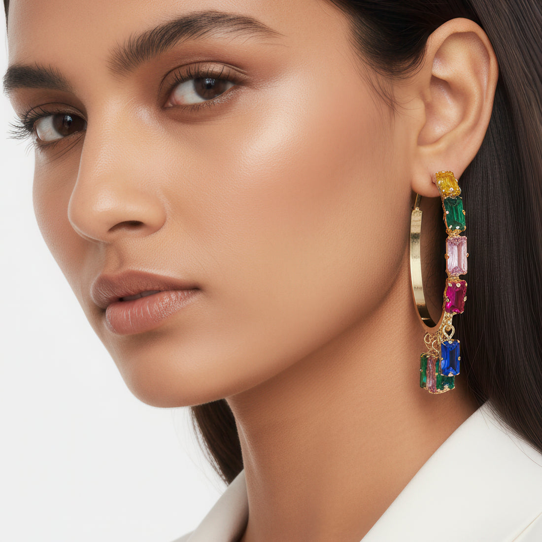 PRAO Anti-Tarnish Rectangle Multicoloured Crystal Charms Hoop Earrings