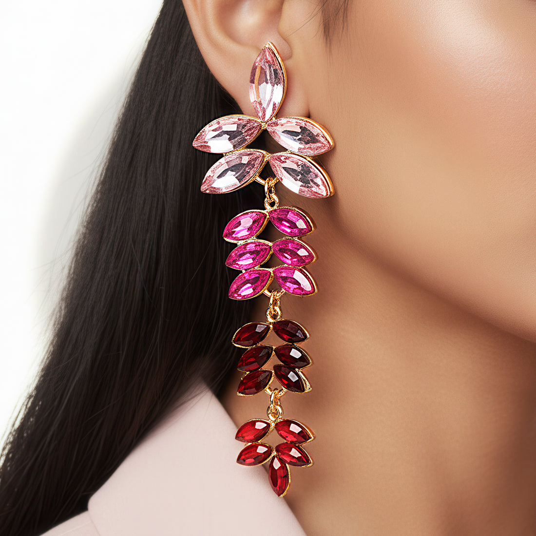 PRAO Anti-Tarnish Leafy Long Multicoloured Lightweight Crystal Earrings