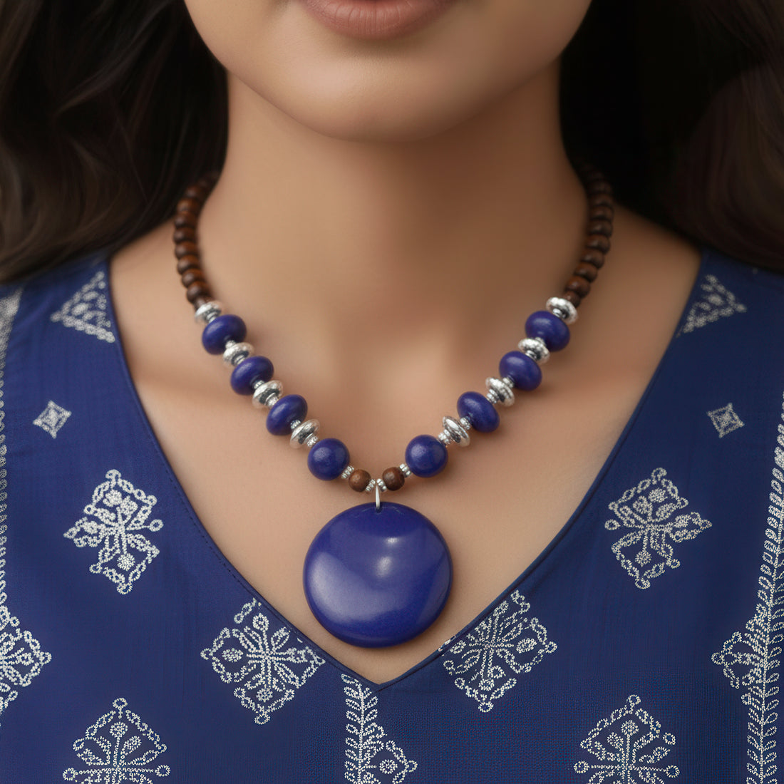 PRAO Bead & Resin Statement Necklace Set With Earrings