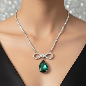 PRAO Anti-Tarnish Crystal Studded INFINITY Emerald Green Pendant Necklace