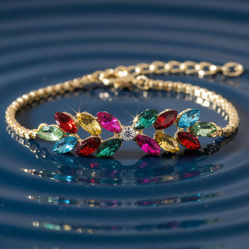 PRAO Anti-Tarnish Multi Crystal Leafy-Style Chain Bracelet (Adjustable Size)
