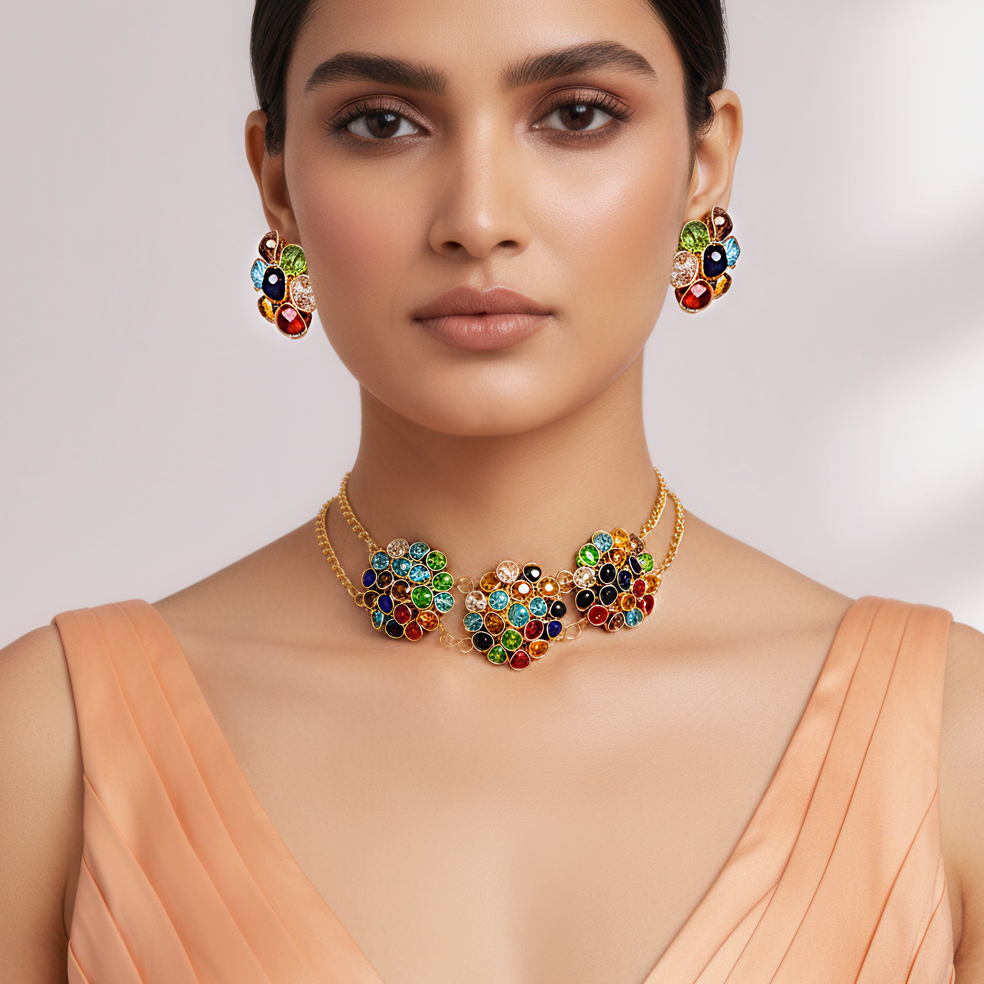 PRAO Anti-Tarnish Multi Crystal Beads Choker Necklace Set With Earring