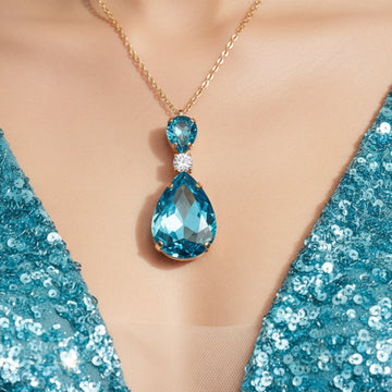 PRAO Anti-Tarnish Aquamarine Drop Crystal Pendant Necklace