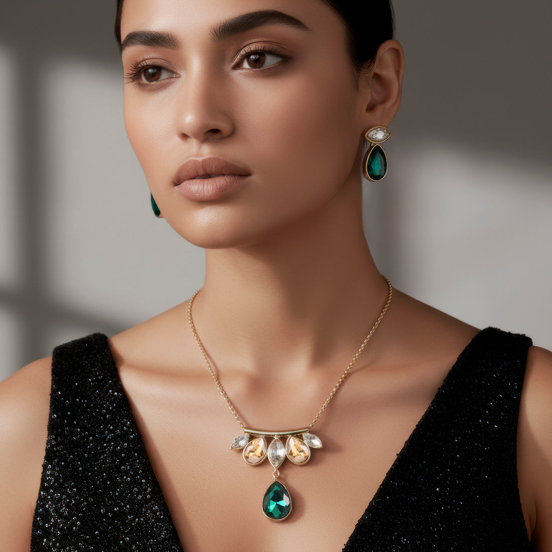 PRAO Anti-Tarnish Marquise and Drop Crystals Pendant Necklace Set with Earrings