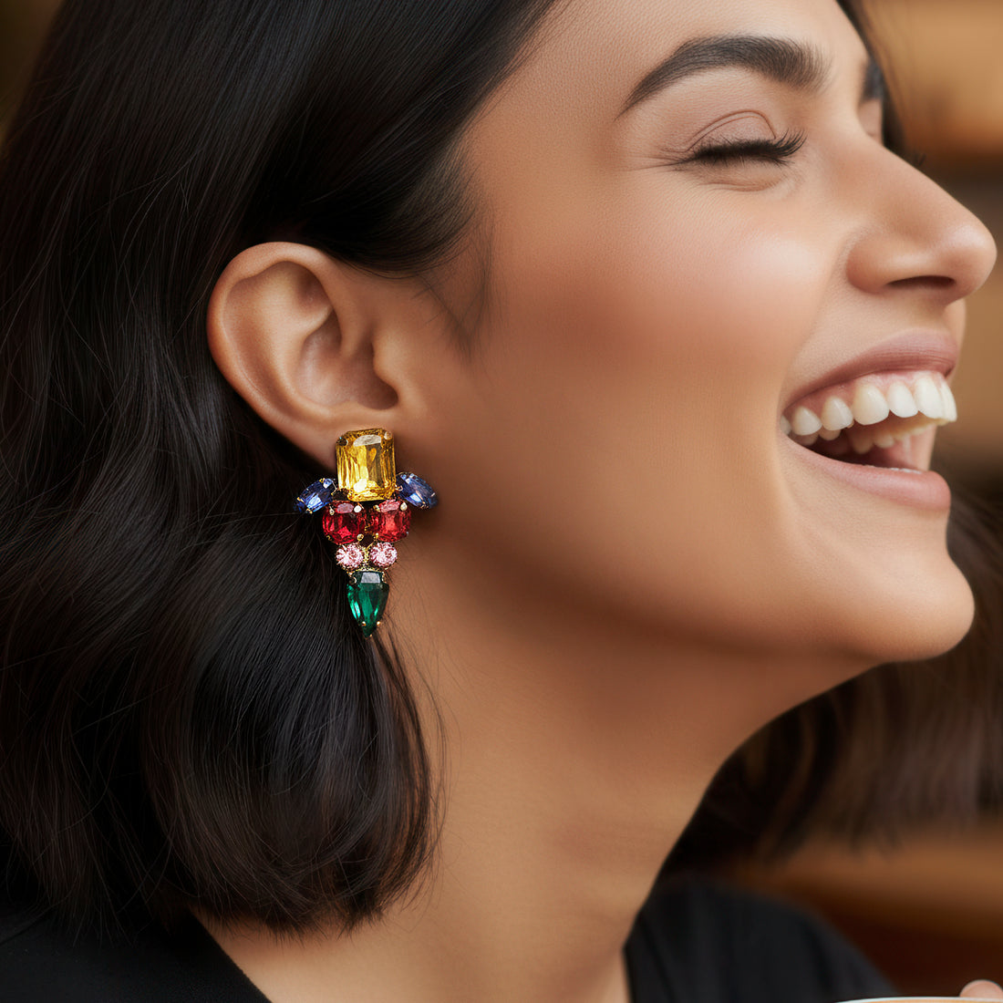 PRAO Anti-Tarnish Multi-Color Triangle Statement Earrings