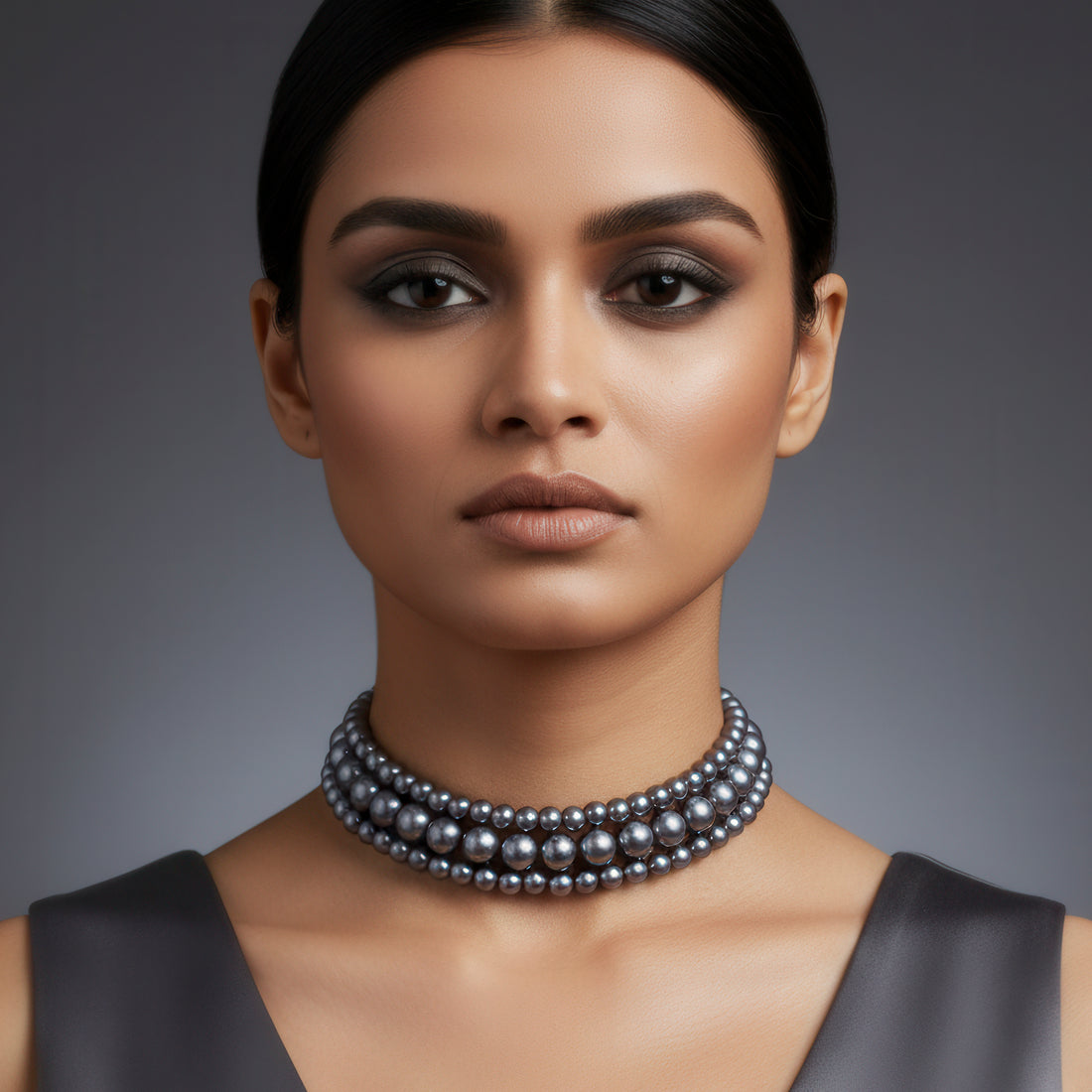 PRAO Triple Layer Blackish Grey Pearl Choker Necklace